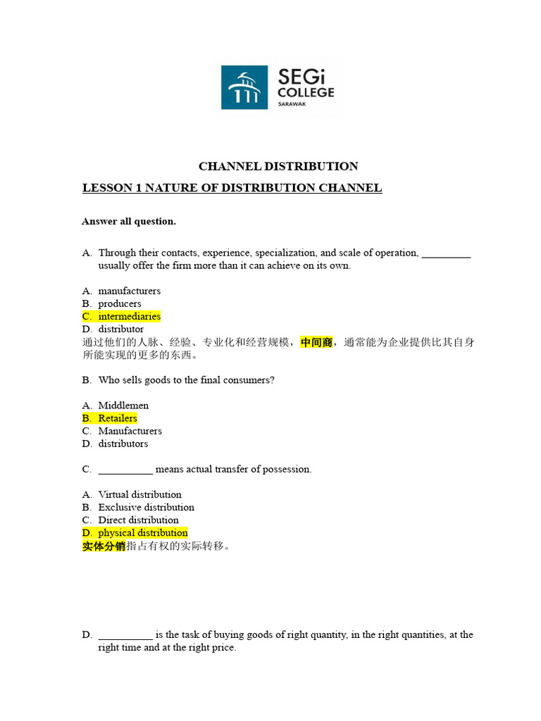 Channel of Distribution MCQ EXAM Ans PDF Logistics Retail