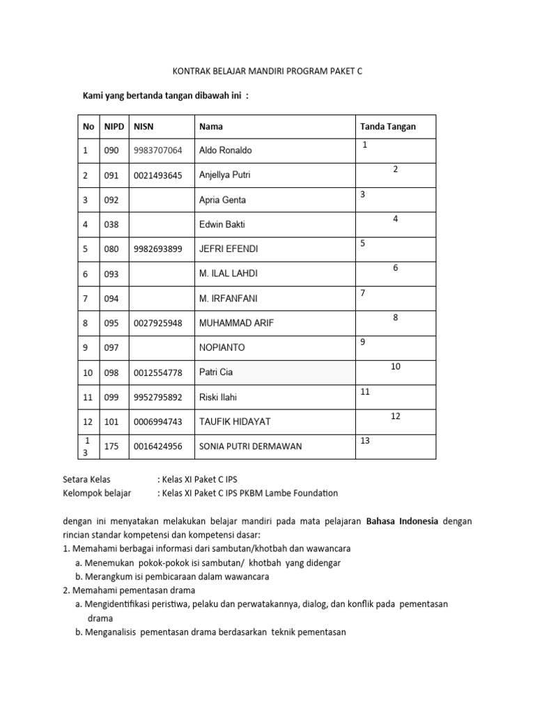 Kontrak Belajar Mandiri Program Paket C | PDF