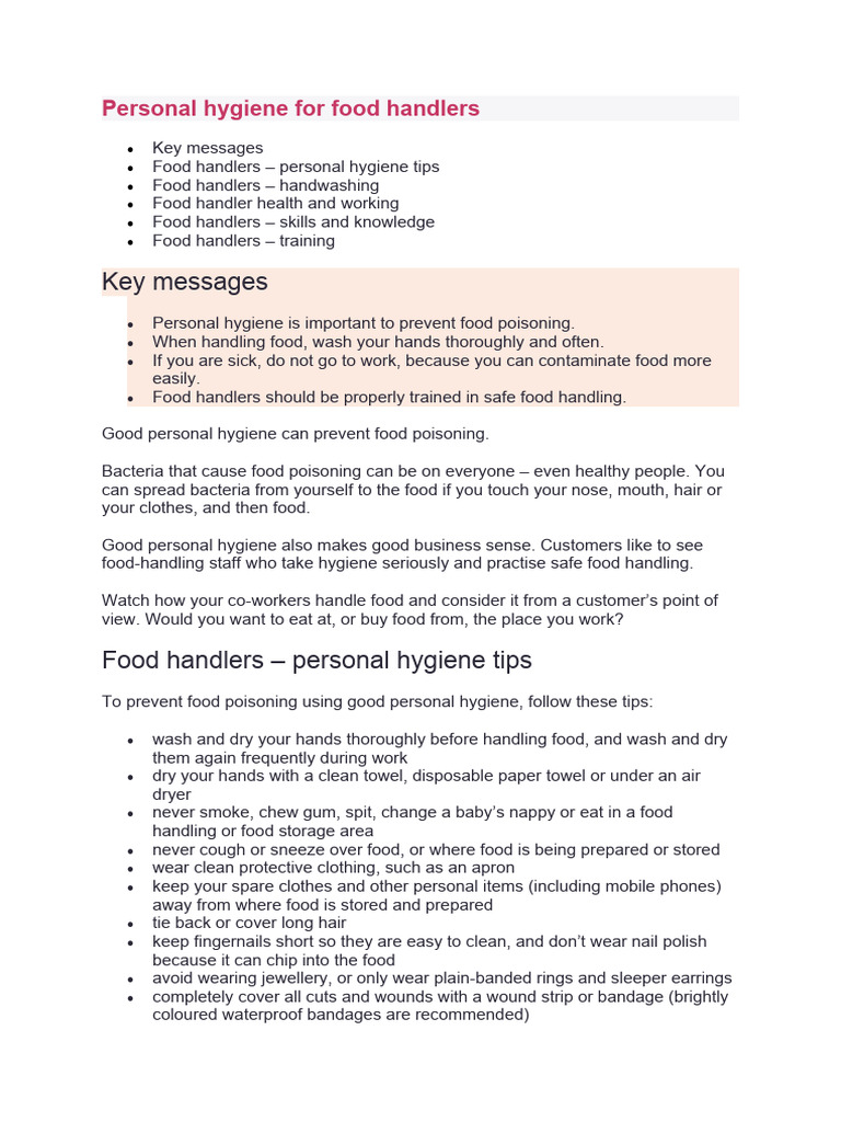 Personal Hygiene Standards for Food Handlers | PDF | Hygiene | Hand Washing
