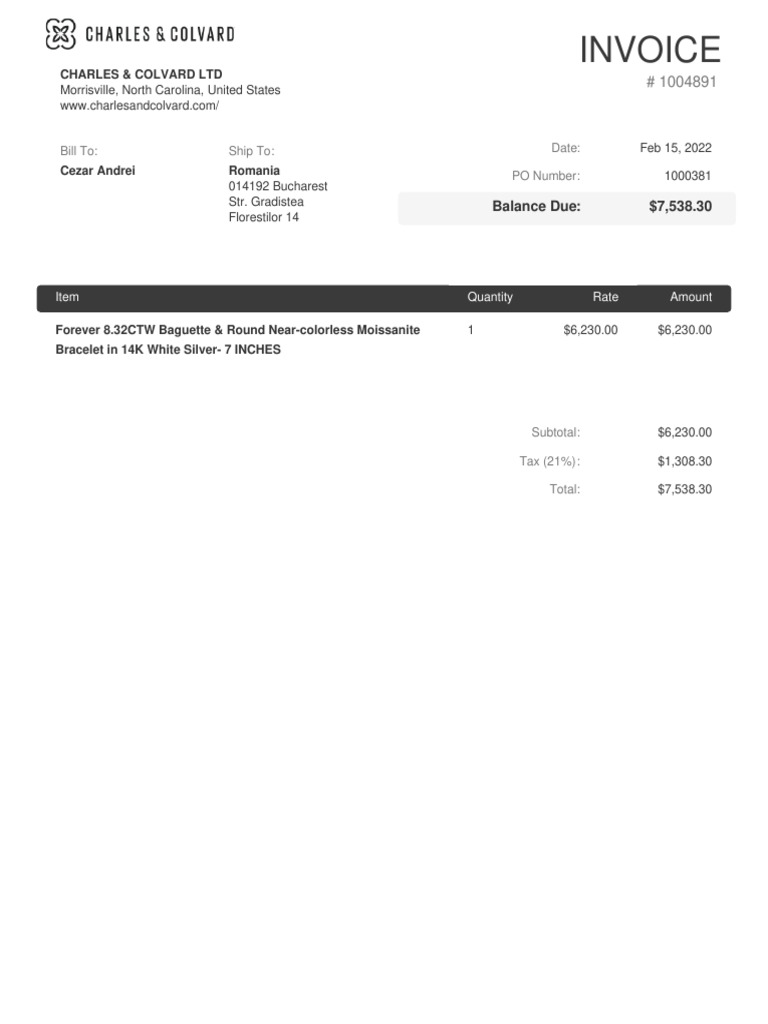 Invoice for Moissanite Bracelet Purchase | PDF