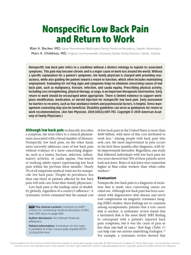 AAFP Non Specific LBP and Return To Work | PDF | Low Back Pain | Back Pain