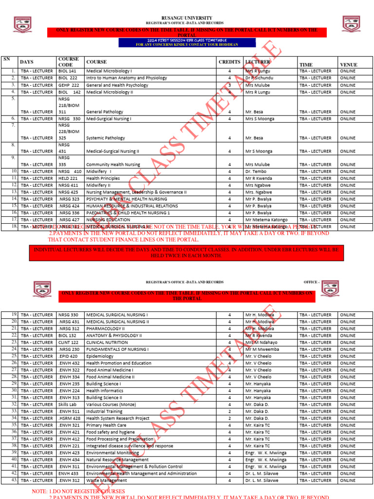 EBR 2024 First Session Class Timetable | PDF | Mathematics | Nursing