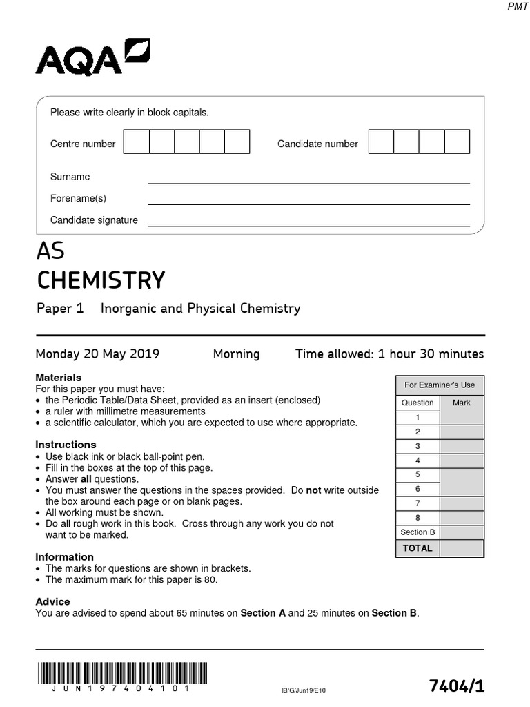 June 2019 QP Paper 1 AQA Chemistry ASlevel PDF Time Of Flight