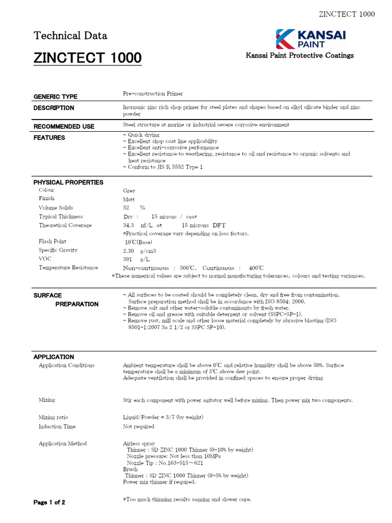 ZINCTECT 1000 Zinc Primer Specifications | PDF | Paint | Chemical ...