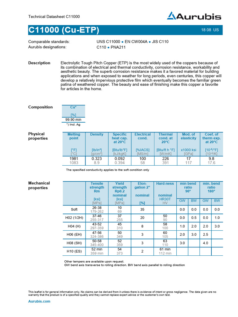 c11000 Cu Etp Us | PDF | Copper | Electrical Resistivity And Conductivity