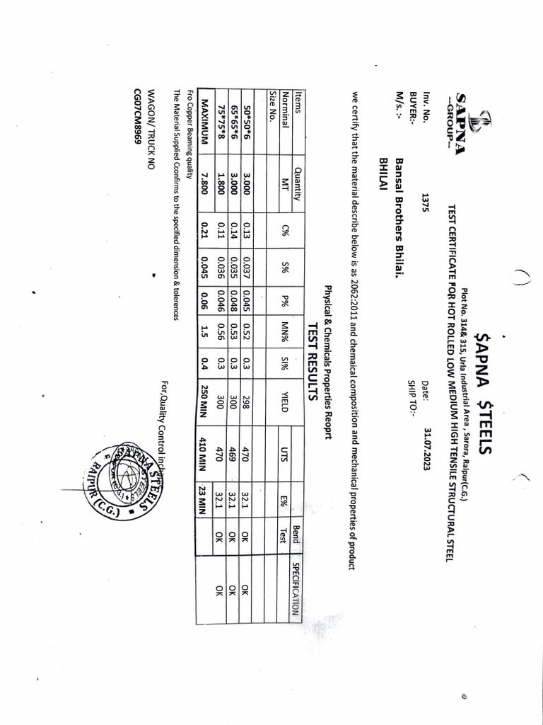 Test Certificate for Structural Steel | PDF | Building Materials ...