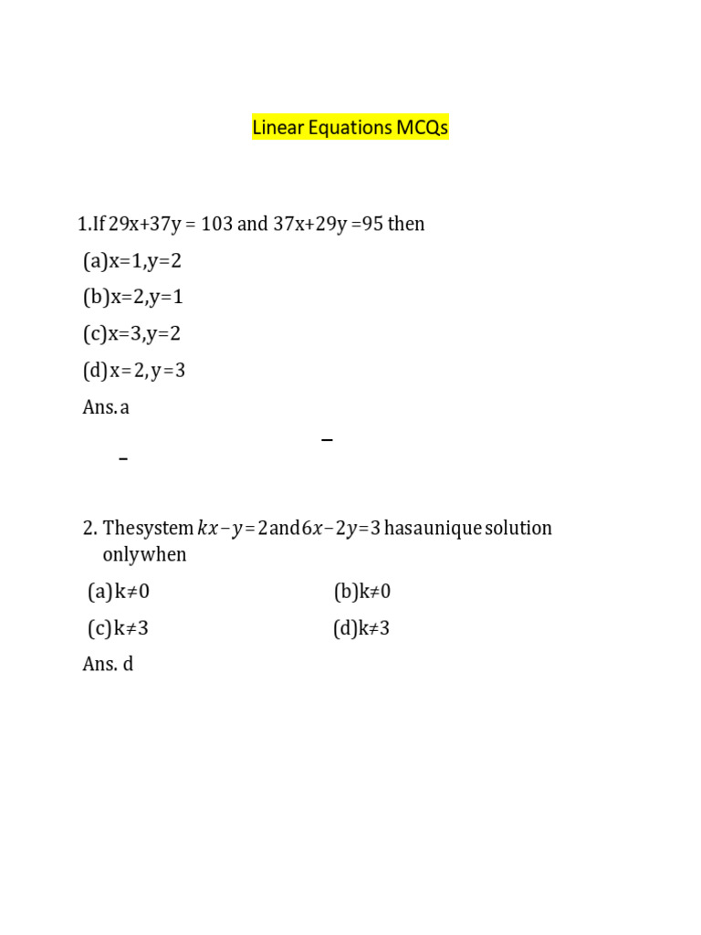 Linear Equation Latest Syllabus MCQs | PDF | Mathematics | Elementary ...