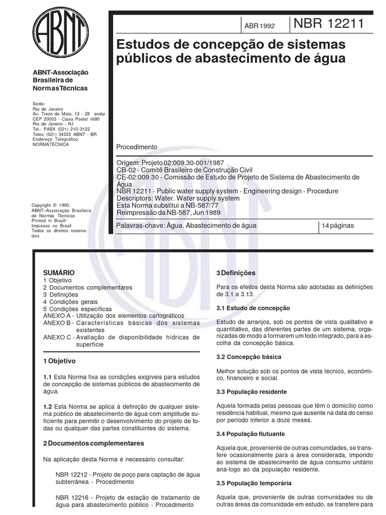 NBR 12211 1992 - Estudos Concep Sist Pub Abast Água | PDF | Tecnologia ...