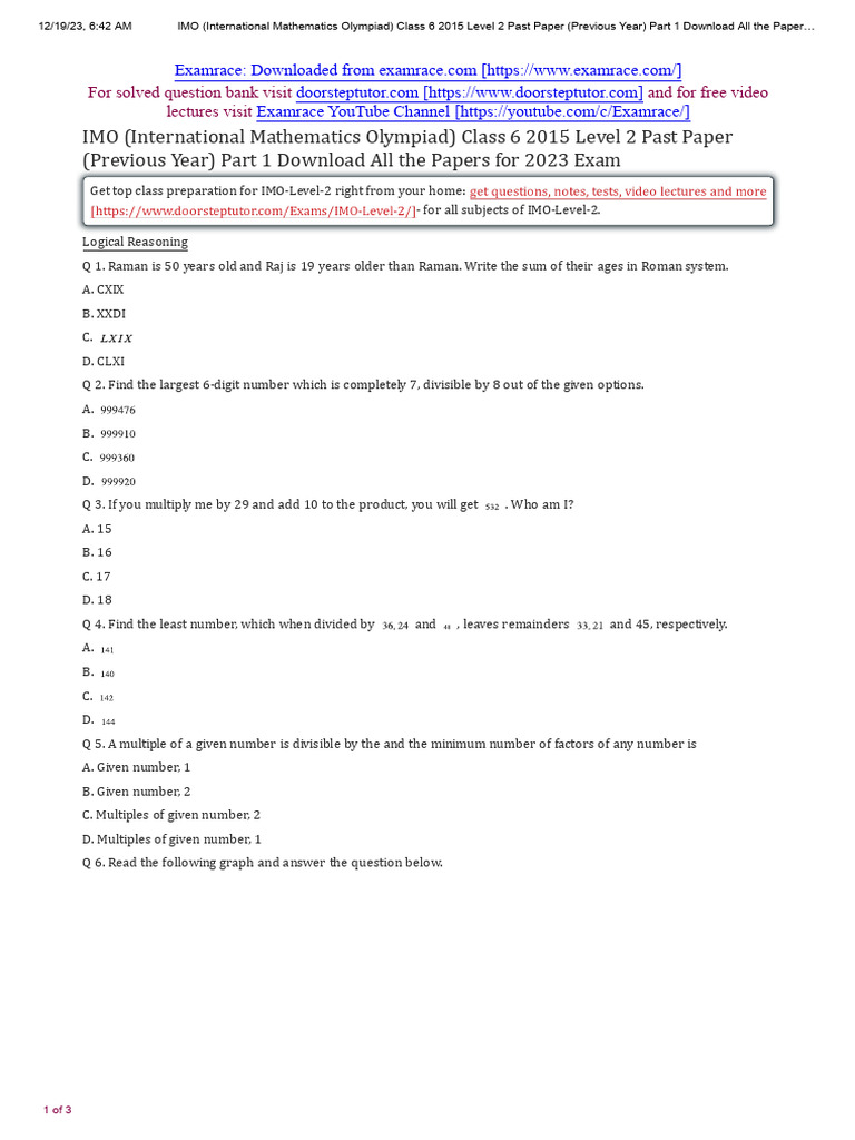 IMO Level 2 Class 6 Paper 2015 Part 1 | PDF | Mathematics
