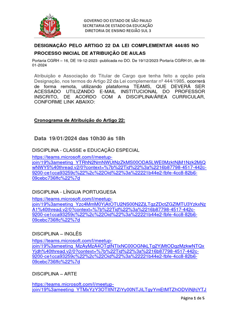 Designação de Aulas - Artigo 22/444 | PDF | Educação Especial