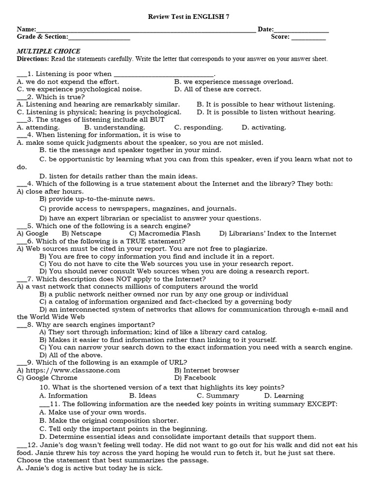 1st Quarterly Assessment - ENGLISH - Review Test | PDF