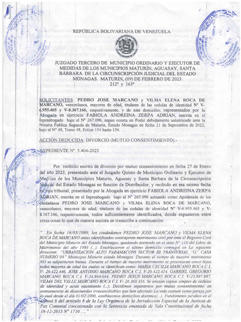 Sentencia de Divorcio Vilma Roca | Descargar gratis PDF | Divorcio