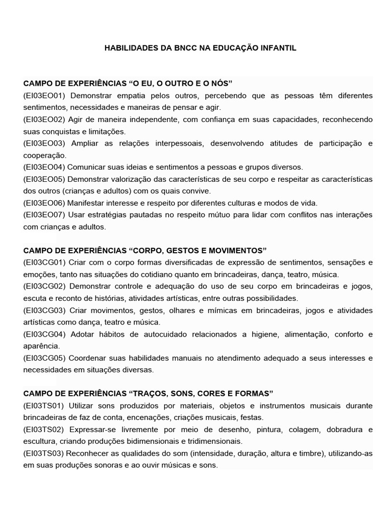 Habilidades da BNCC na Educação Infantil | PDF