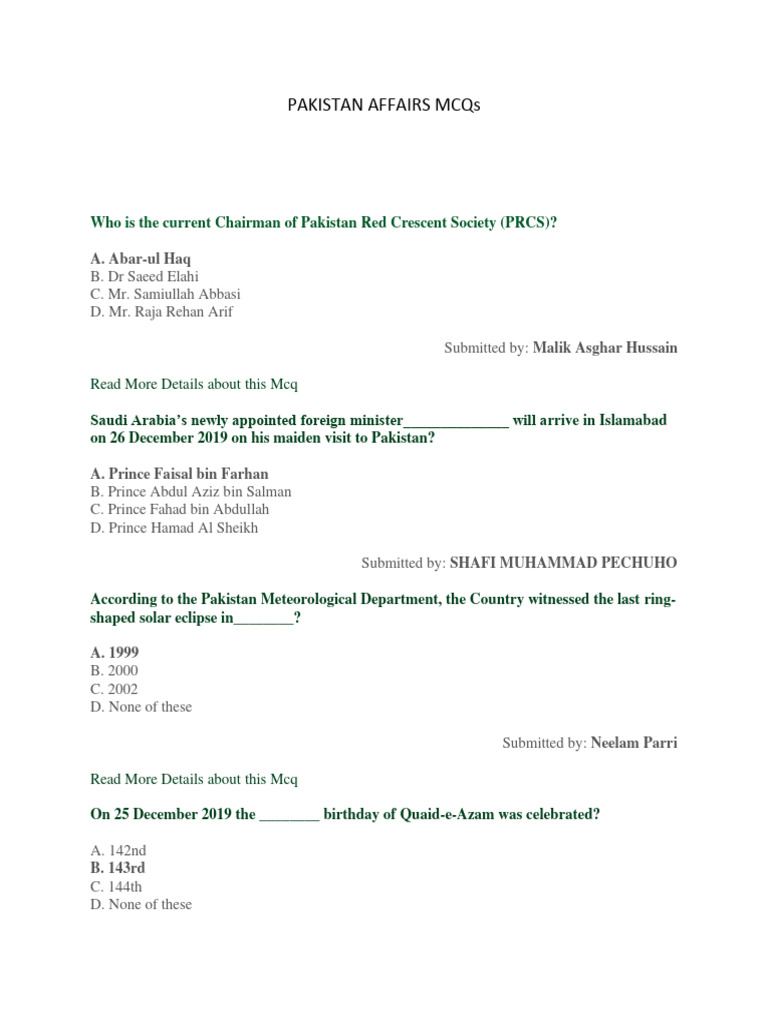 Pakistan Current Affairs MCQs 2025 | PDF | Government Of Pakistan ...