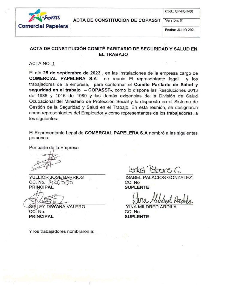 Acta de Constitucion Comite Paritario de Seguridad y Salud en El ...