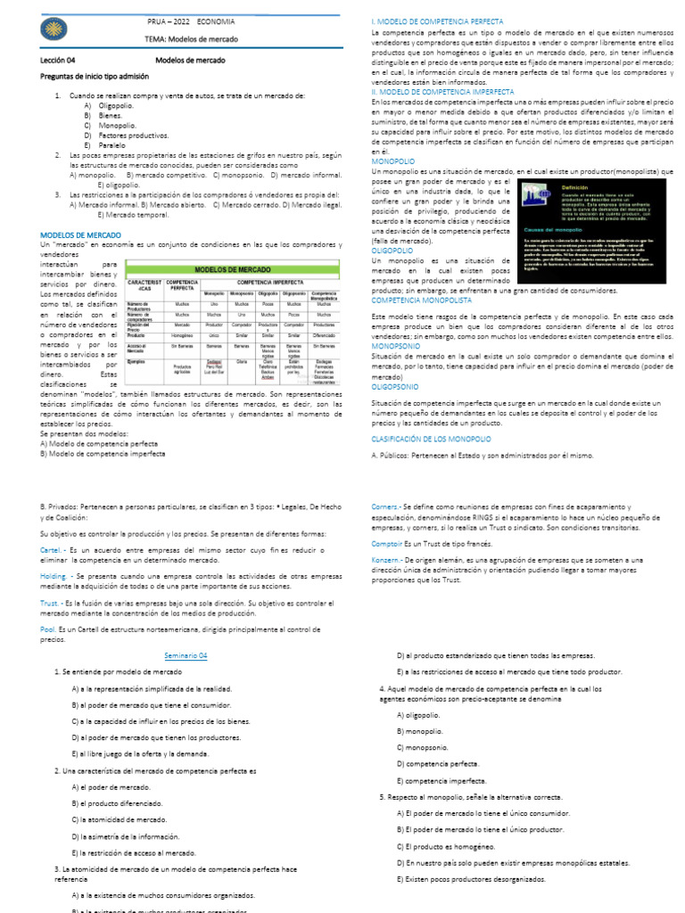 Modelos de Mercado: Monopolio y Oligopolio | PDF | Mercado (economía ...