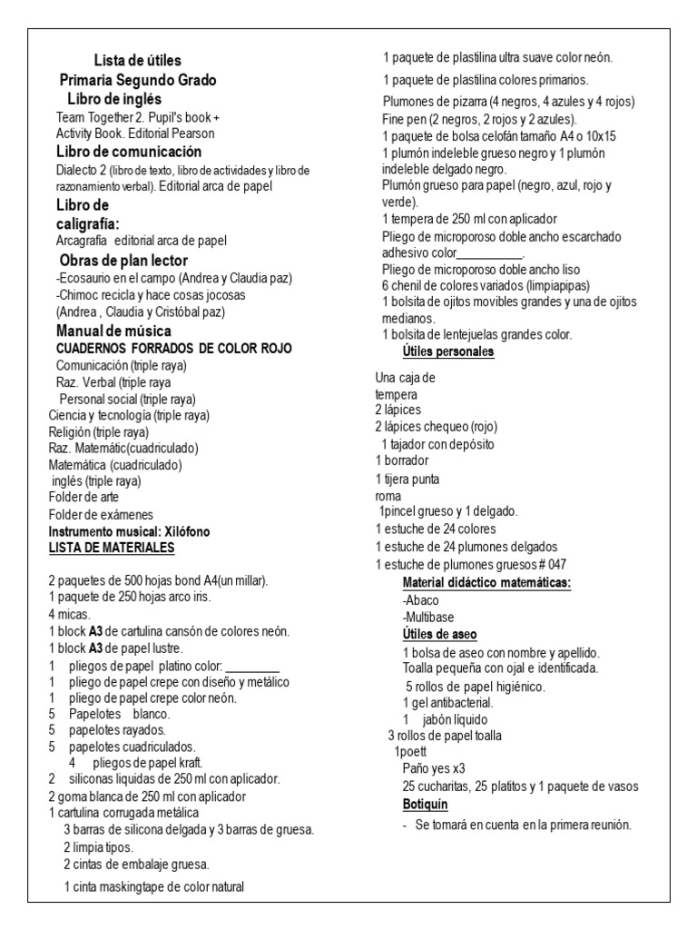 Lista de útiles para segundo grado 2024 | PDF | Materiales ...