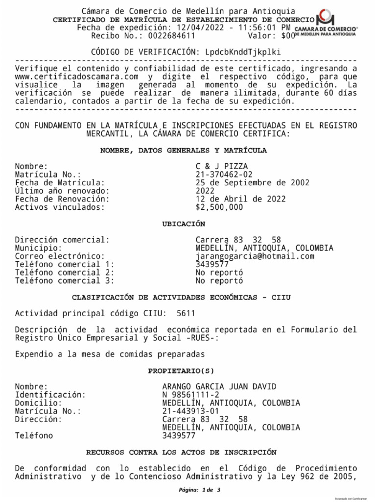 Certificado Camara de Comercio | PDF