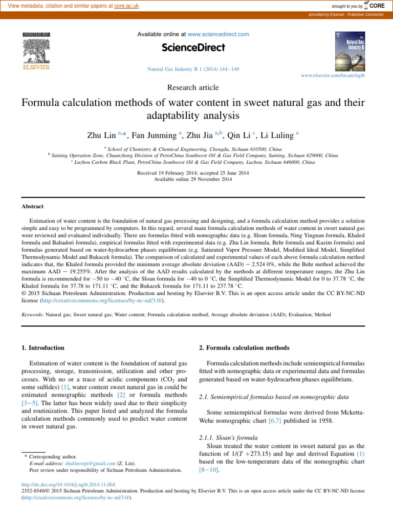 Water Content Calculation in Sweet Gas | PDF | Gases | Formula