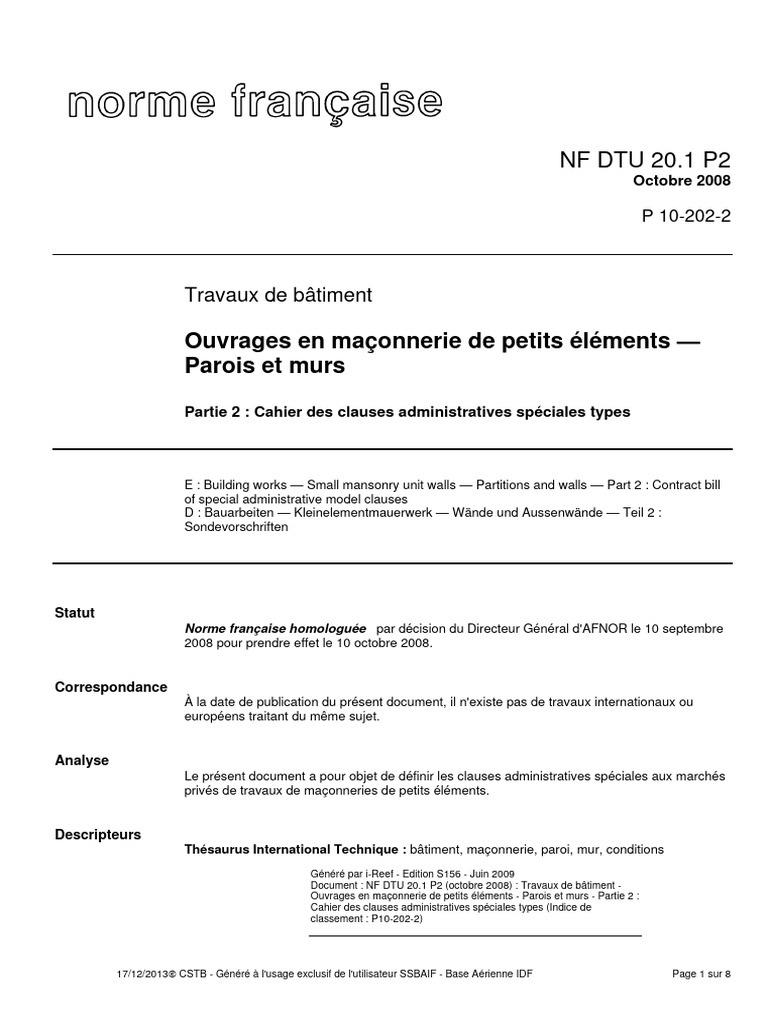 Clauses administratives DTU 20.1 P2 | PDF | Code de la construction et ...