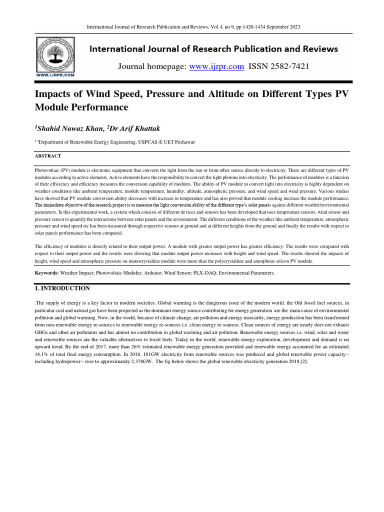 Impacts of Wind Speed, Pressure and Altitude On Different Types PV ...