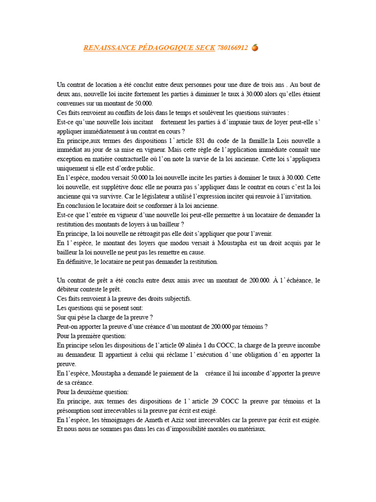 Cas Pratique sur la Filiation et Contrats | PDF | Loi | Filiation légitime