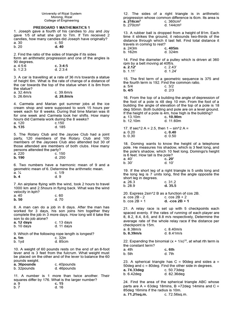 Preboard Mathematics Problem Set | PDF | Triangle | Circle