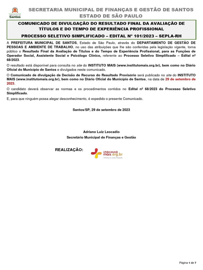 PSS - 68 - Comunicado de Divulgação Do Resultado Final - Ed101 - 2023 ...
