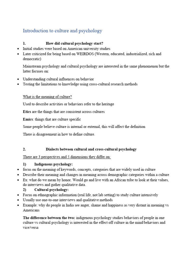 Cultural Psychology: Key Concepts Explained | PDF | Psychology | Parenting