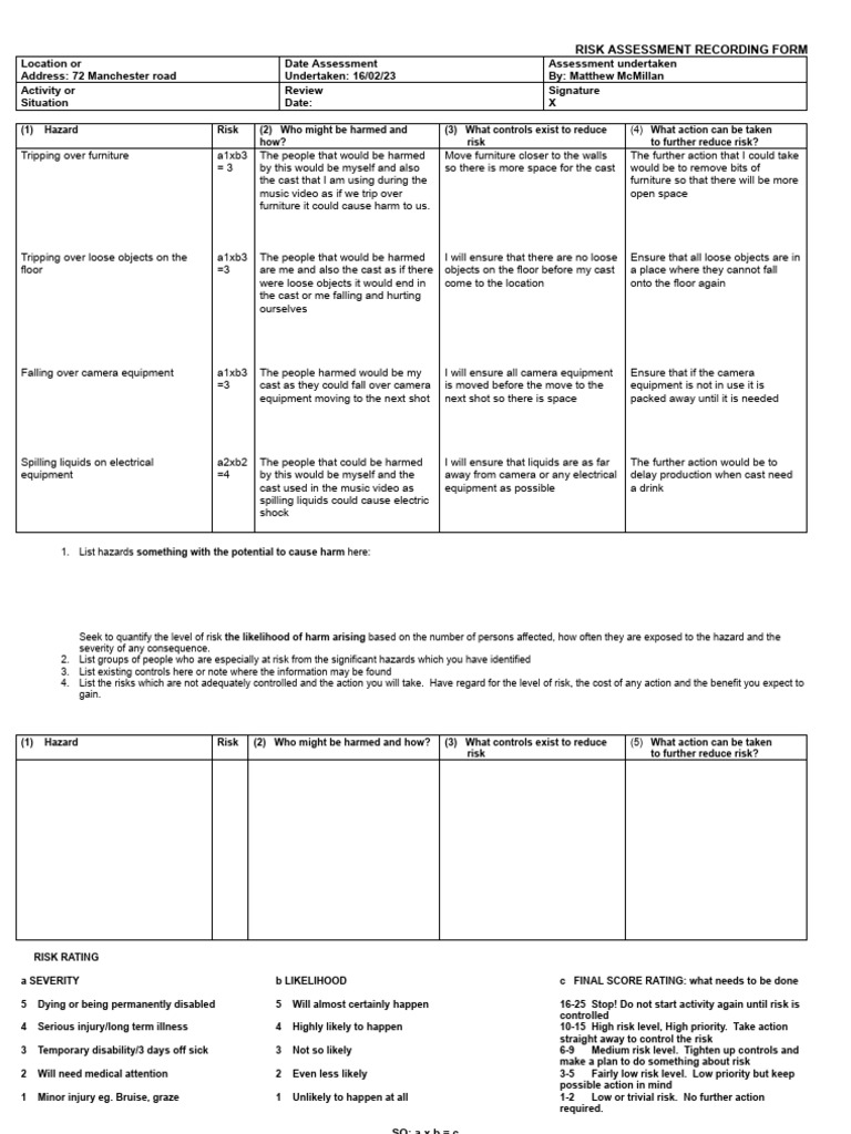 Risk Assessment Template Music Video | PDF | Risk | Hazards