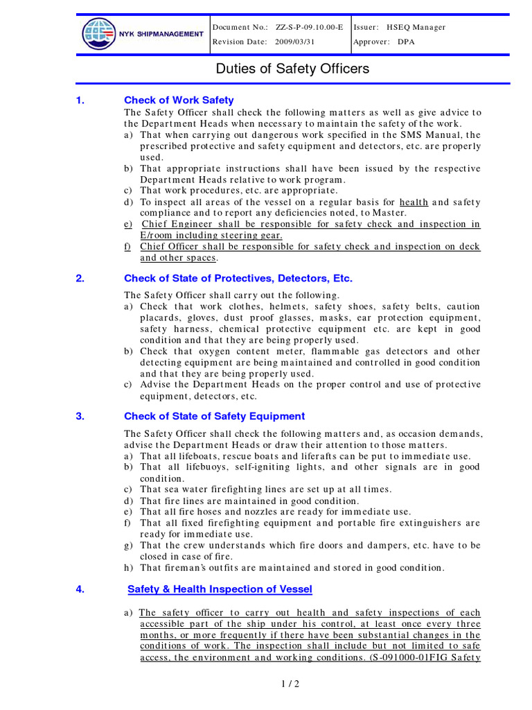 ZZ S P 09.10.00 E Duties of Safety Officers | PDF | Occupational Safety ...