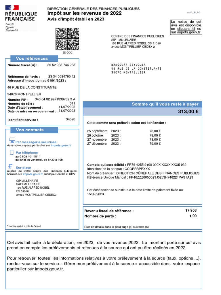 Avis d'imposition 2023 sur revenus 2022 | PDF | Impôt sur le revenu ...