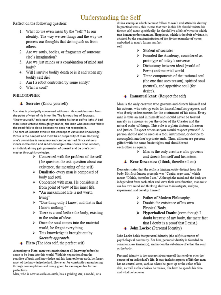 Understanding The Self Notes | PDF | Philosophy Of Self | Soul