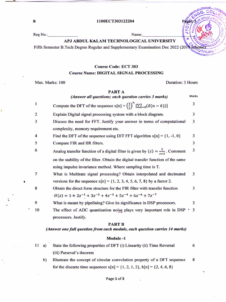 ECT 303 Digital Signal Processing Exam Guide | PDF | Digital Signal ...