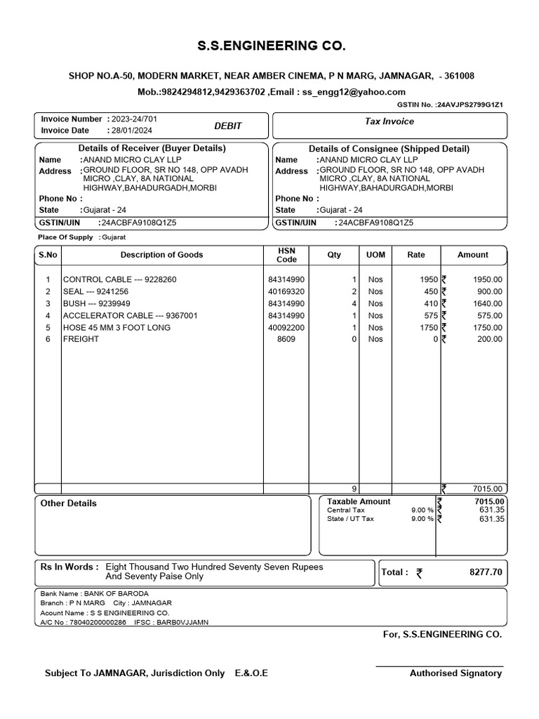 S.S.Engineering Co.: Tax Invoice Debit | PDF | Money | Economies