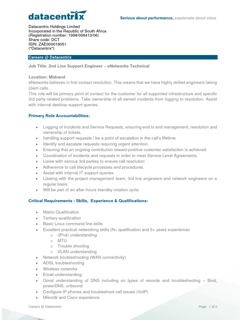 2nd Line Support Engineer Role at Datacentrix | PDF | Computer Network ...