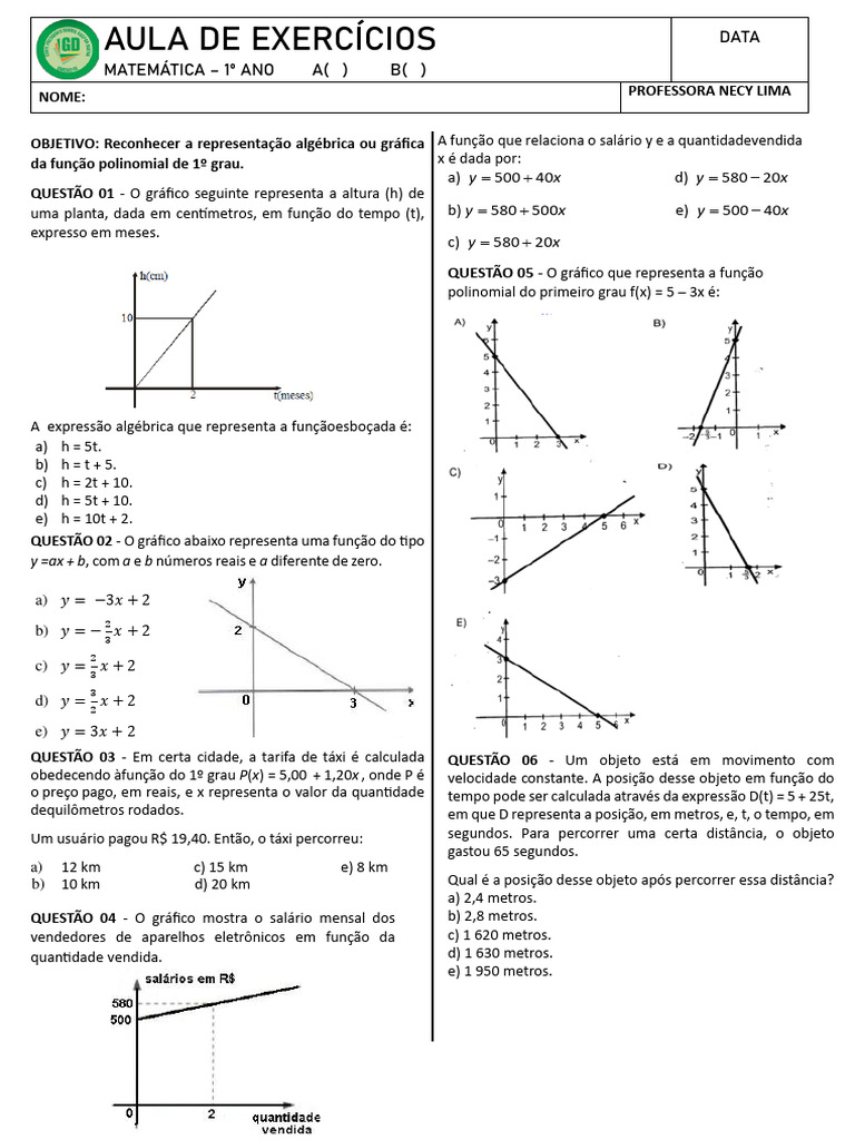 Exercícios sobre Função Afim | PDF