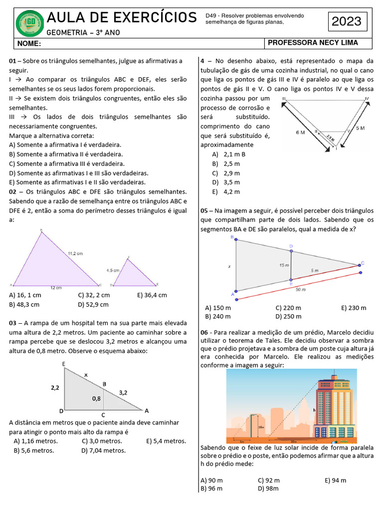 Aula de Exercicios - Semelhança de Triangulos | PDF