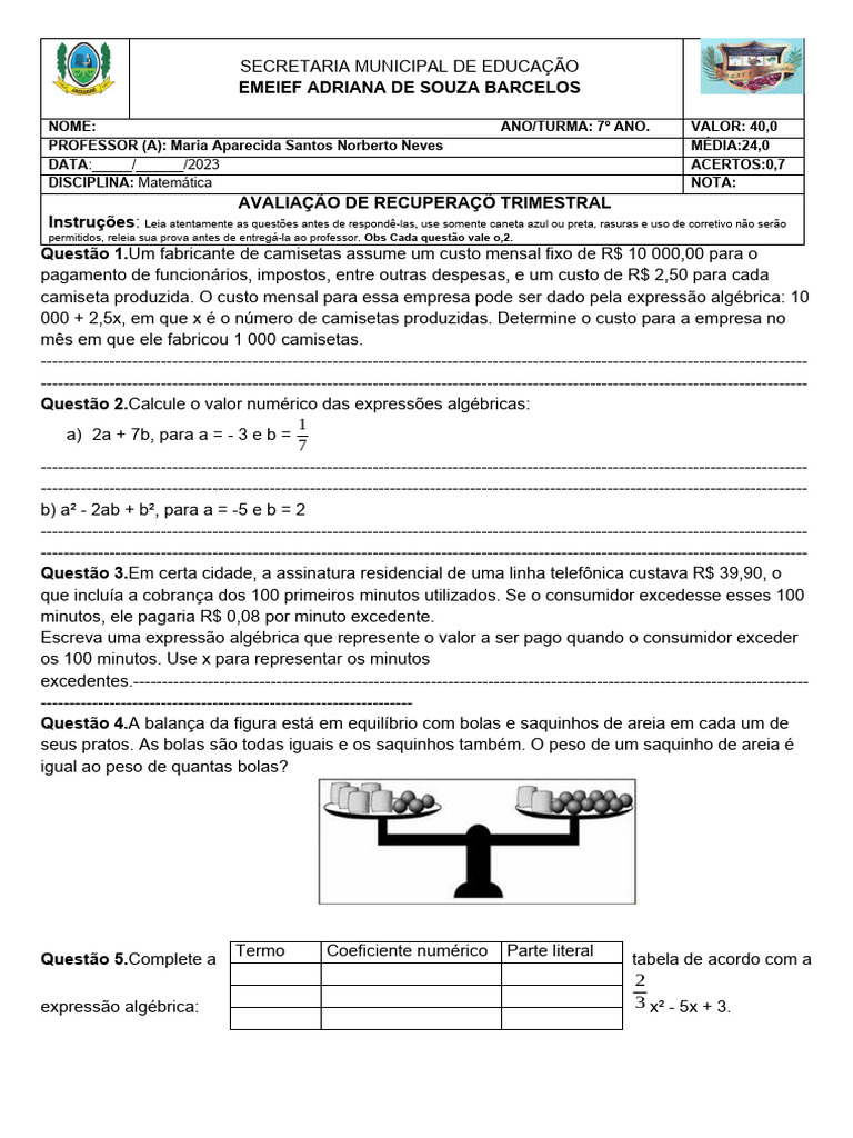Prova de Recuperação 7º Ano | PDF