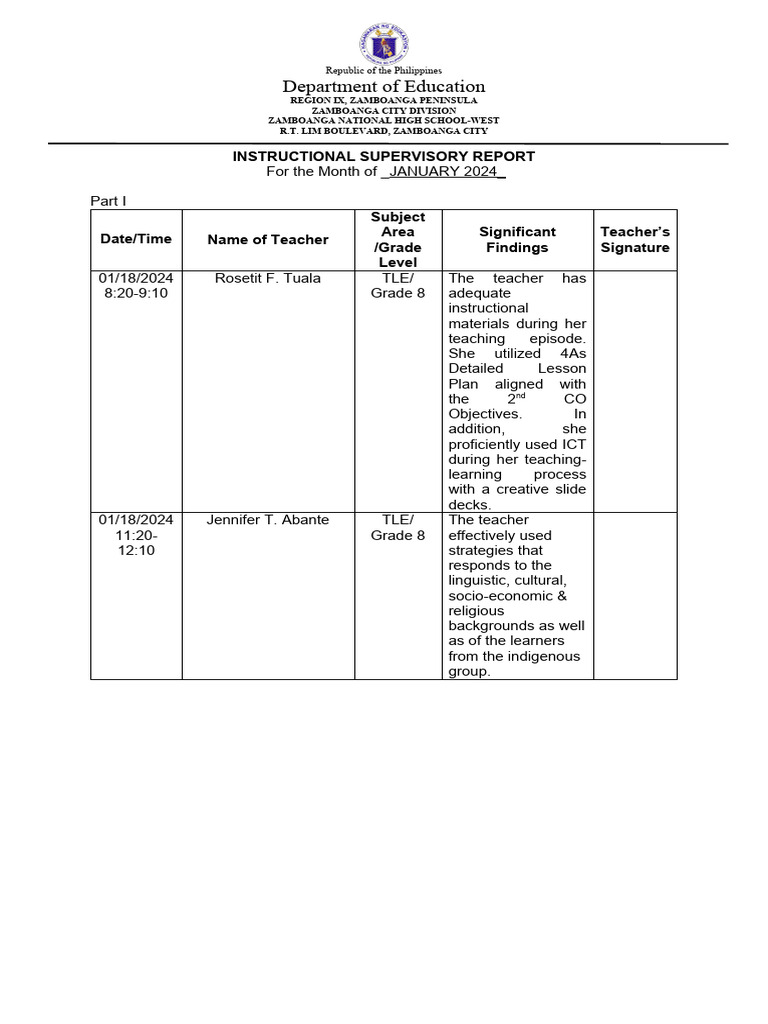 Instructional Supervisory Report