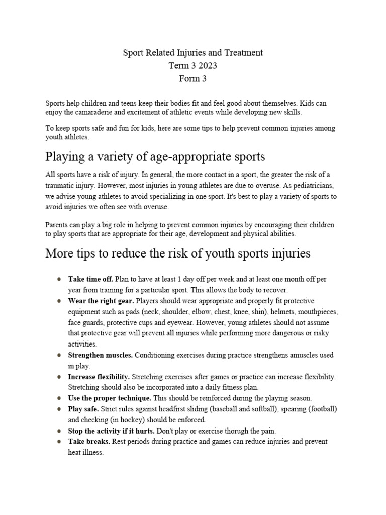 Sport Related Injuries and Treatment Form 3 Term 3 | PDF | Injury ...