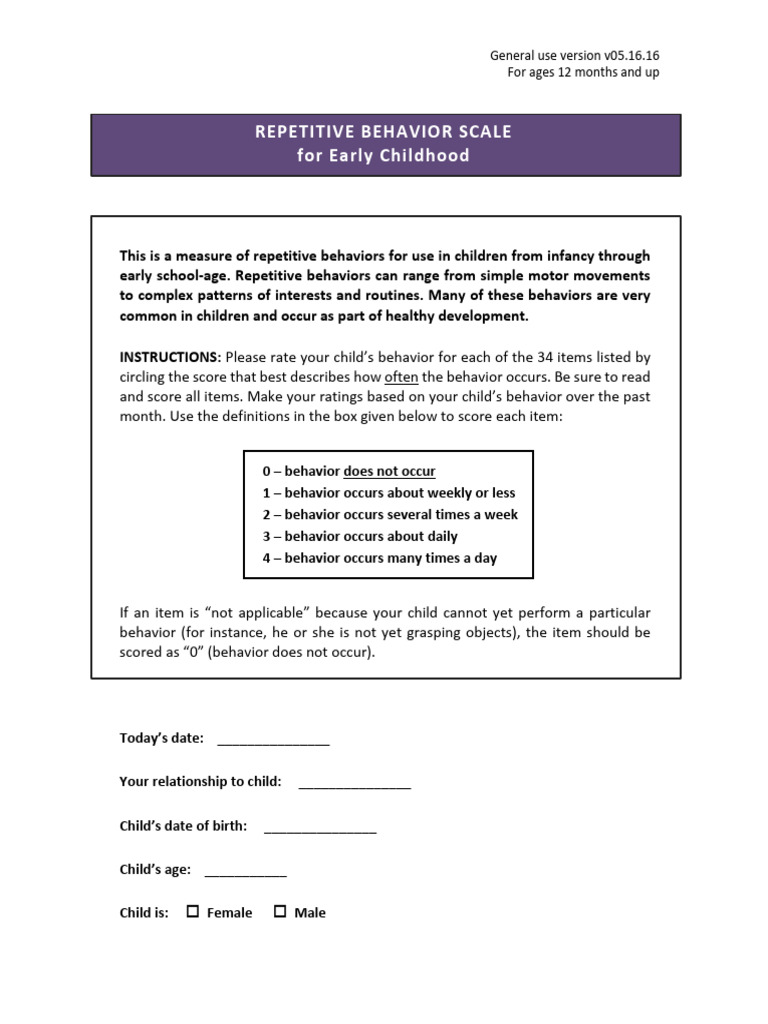 Repetitive Behavior Scale For Early Childhood | PDF | Behavior | Senses