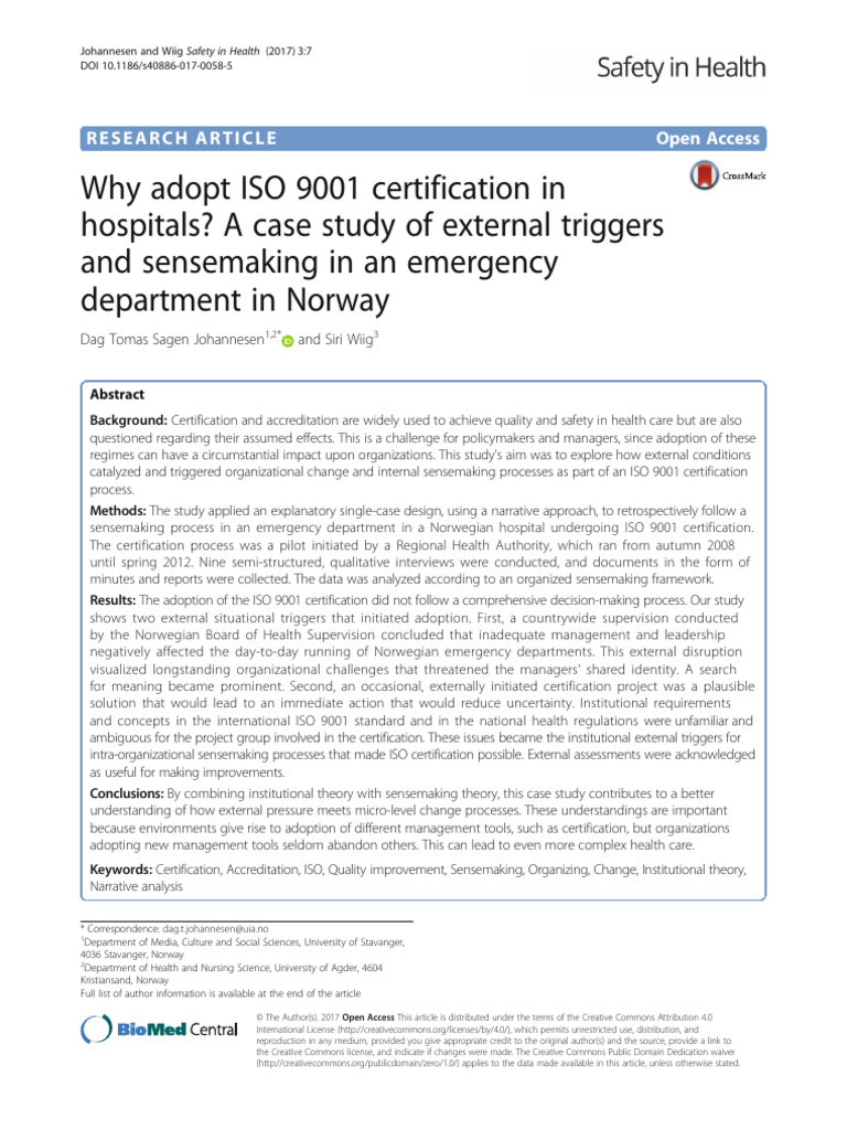 ISO 9001 Certification in Norwegian Hospitals | PDF | Iso 9000 ...