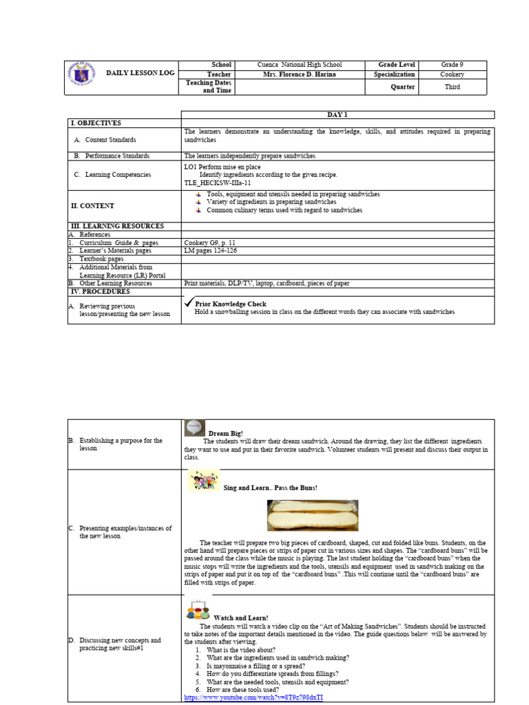 Lo 1 Sandwich Pdf Learning Sandwich