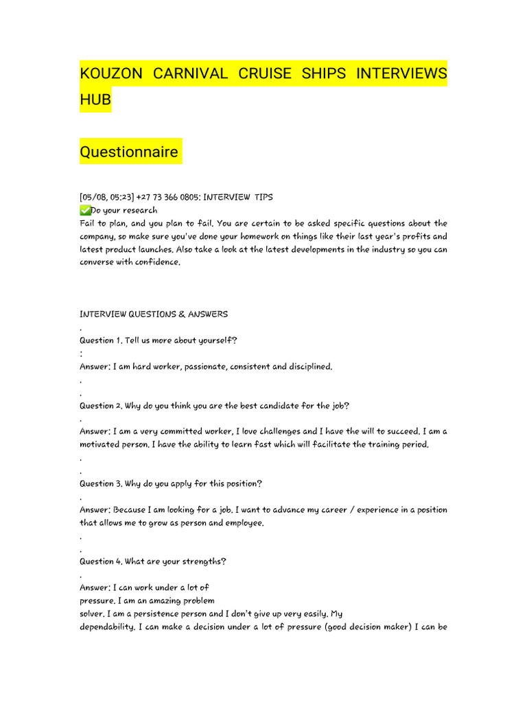 KouzonCarnival Cleaner Galley and Housekeeping Questionnaire Manual