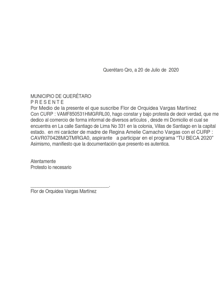 Modelo Carta Bajo Protesta Decir Verdad-5891594916196082 | PDF
