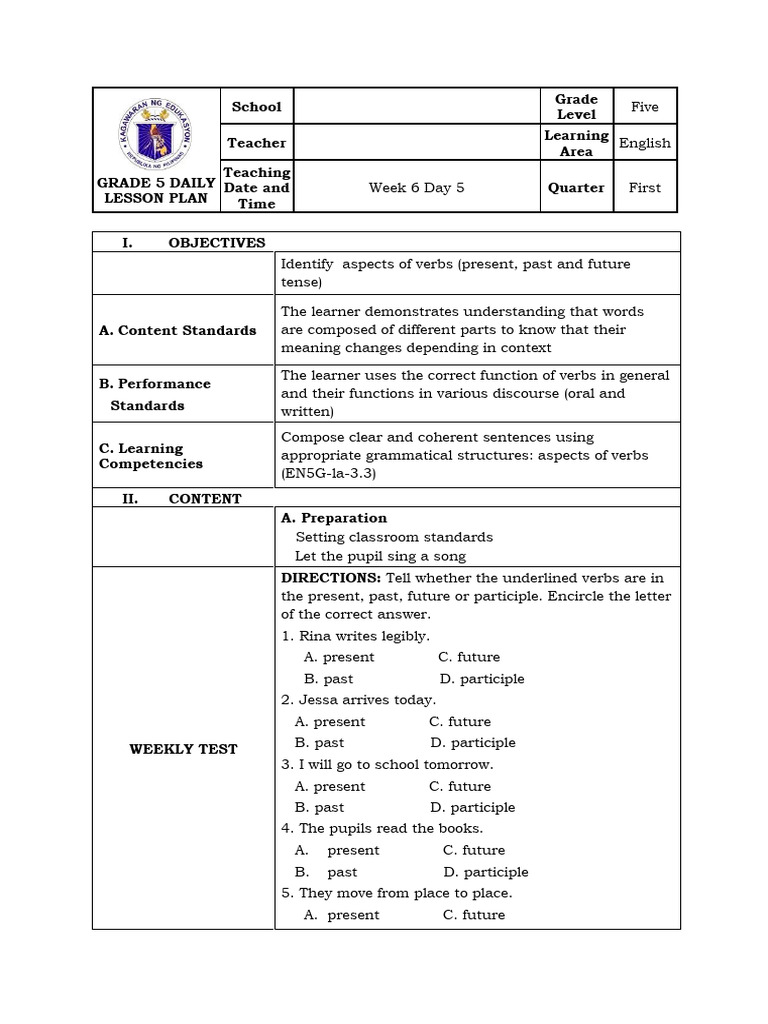 English 5 Week 6 Lesson Plan | PDF | Verb | English Language