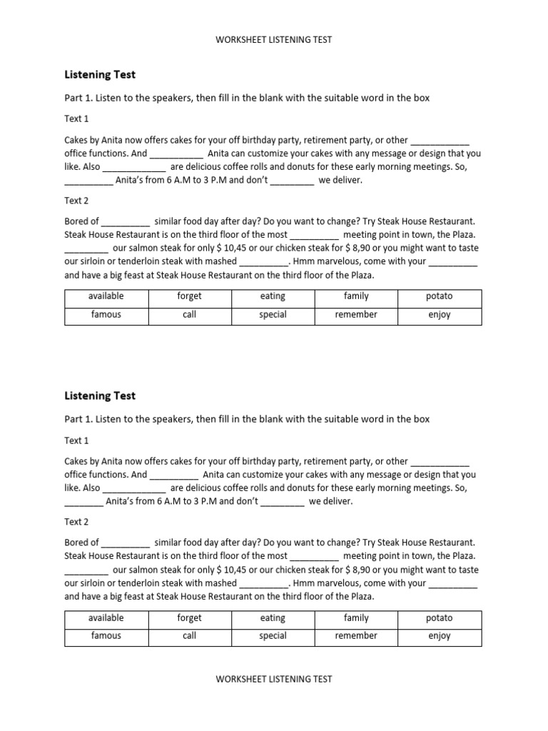Listening Test Worksheet for Students | PDF