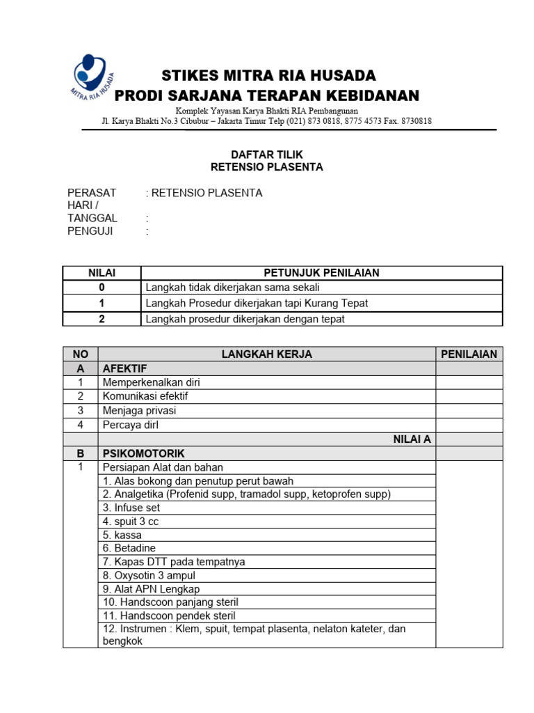 Daftar Tilik Retensio Plasenta | PDF