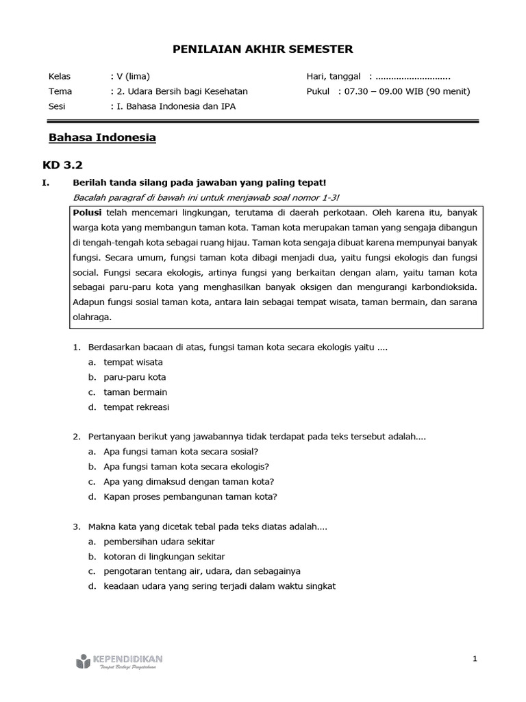 Contoh soal pas kelas 5 tema 1 sesi 1